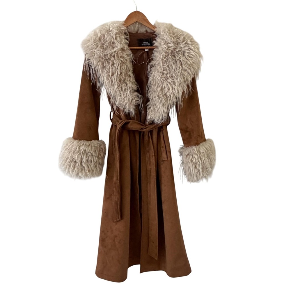 Urban Outfitters Suede Penny Lane Coat Womens XS Brown Boho 70s Faux Fur Hippie